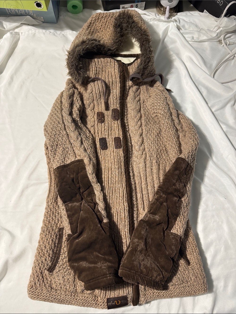 Ukru Ecuador Wool Blend Hooded Knit Jacket Large Faux Fur Trim Boho Cottagecore